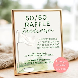Golf Tournament 50 50 Raffle Sign, Editable Split the Pot Fundraiser Printable, Watercolor Course Theme Canva Template, Digital Download