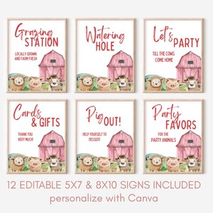 May include: Set of six framed farm-themed signs with text like "Grazing Station" and "Watering Hole." Each sign features a pink barn illustration and watercolor animals. The bottom text reads "12 Editable 5x7 & 8x10 Signs Included."
