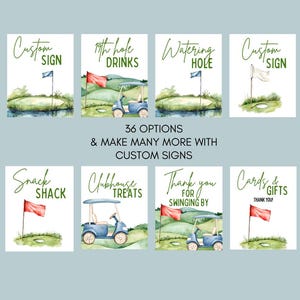 以下が含まれることがあります： 「Custom Sign」や「19th Hole Drinks」、「Snack Shack」などのテキストが書かれた、ゴルフをテーマにした水彩イラストのサイン。各サインには、旗やゴルフカートが描かれたゴルフコースのシーンが描かれています。「36 OPTIONS & MAKE MANY MORE WITH CUSTOM SIGNS」というテキストも含まれています。