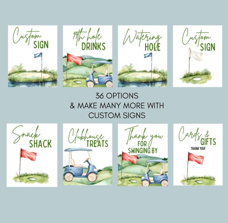 以下が含まれることがあります： 「Custom Sign」や「19th Hole Drinks」、「Snack Shack」などのテキストが書かれた、ゴルフをテーマにした水彩イラストのサイン。各サインには、旗やゴルフカートが描かれたゴルフコースのシーンが描かれています。「36 OPTIONS & MAKE MANY MORE WITH CUSTOM SIGNS」というテキストも含まれています。