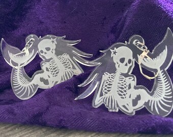 Mermaid Skeleton Acrylic Earrings, Etched Halloween Jewelry