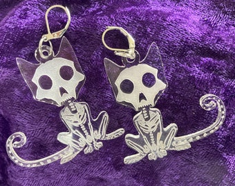 Cat Skeleton Acrylic Halloween Earrings, Spooky Cat Lover Gift
