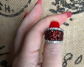 5ct Rhodolite Garnet, White Sapphire, 925 Sterling Silver, Rhodium Plated, Cigar Band Ring, Size 6.25