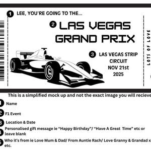 Pu&ograve; includere: Biglietto in bianco e nero per il Gran Premio di Las Vegas. Il biglietto include il testo "LEE, YOU'RE GOING TO THE...", "LAS VEGAS GRAND PRIX" e "LAS VEGAS STRIP CIRCUIT NOV 21st 2025". &Egrave; presente anche un'auto da corsa di Formula 1.