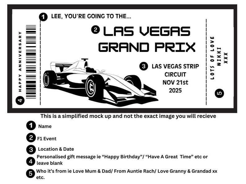 Pu&ograve; includere: Biglietto in bianco e nero per il Gran Premio di Las Vegas. Il biglietto include il testo "LEE, YOU'RE GOING TO THE...", "LAS VEGAS GRAND PRIX" e "LAS VEGAS STRIP CIRCUIT NOV 21st 2025". &Egrave; presente anche un'auto da corsa di Formula 1.