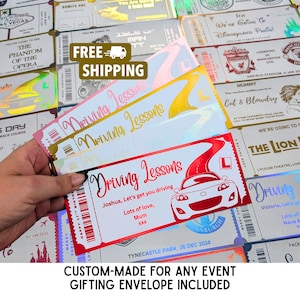Driving Lessons Voucher & Coloured Envelope,  Custom Learner Gift, Surprise Foil Gift Ticket