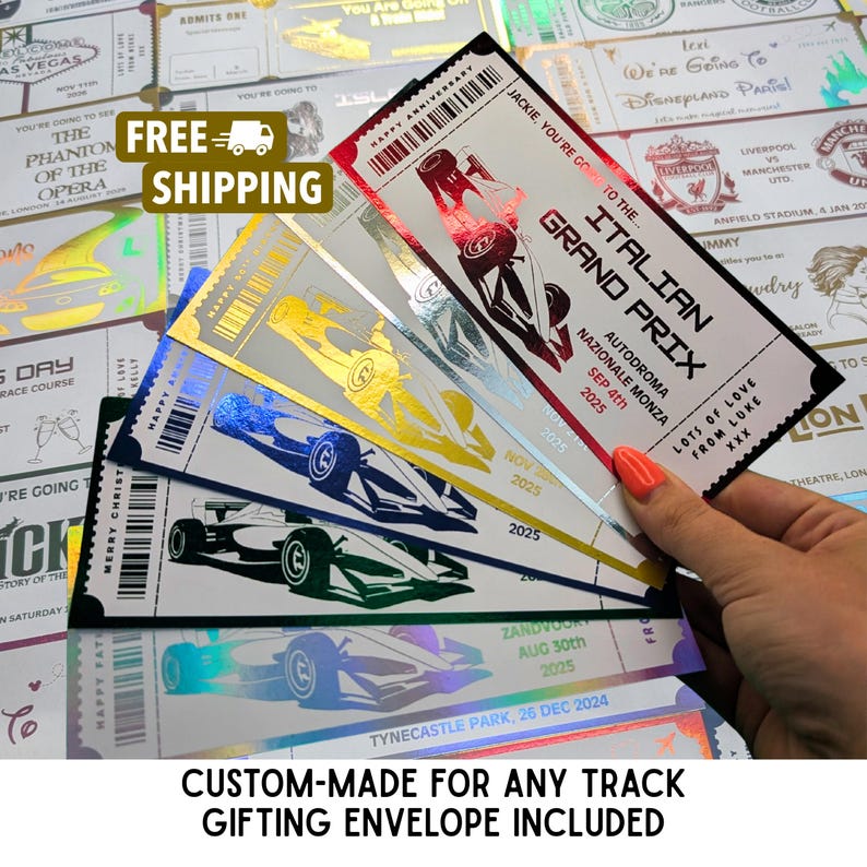 Personalized F1 Grand Prix Ticket & Coloured Envelope, Surprise Foil Gift Voucher immagine 1