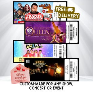 May include: A selection of custom-made event tickets, featuring a comedy show, a Queen tribute concert, a Kidz Bop Live performance, and a Thriller Live show. A pink gifting envelope is also included.