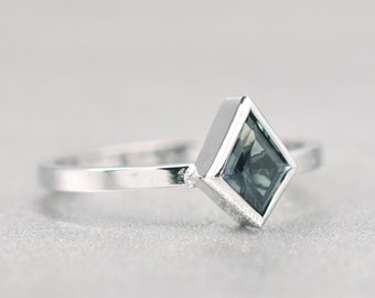 Montana Sapphire Ring in 14K White Gold with Kite Shape Teal Sapphire