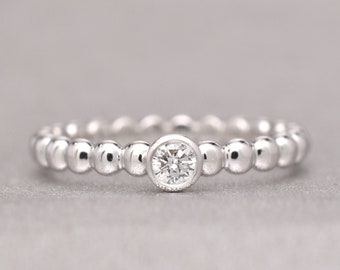 Diamond Bead Ring in Solid 14K White Gold