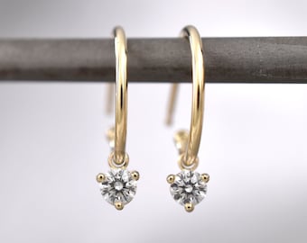 Diamond Dangle Hoop Earrings / 3 Prong Removeable Diamond Drops on 3/4 Gold Hoops
