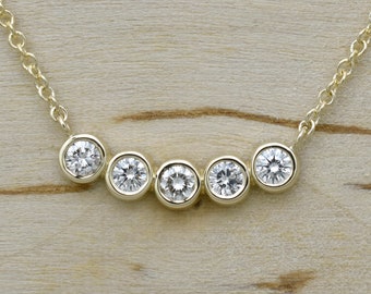 Curved Diamond Bar Necklace in 14K Yellow Gold / Bezel Set Diamond Cluster Pendant