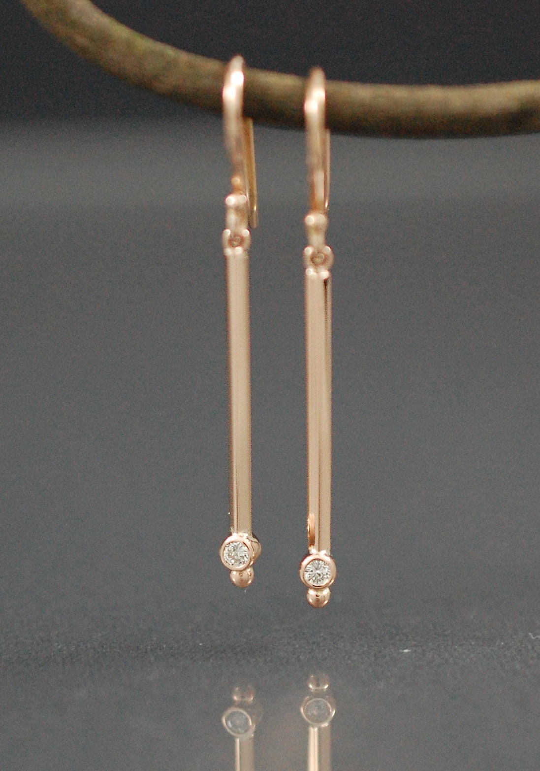 Diamond Bar Dangle Earrings / 14K Rose Gold and Genuine - Etsy