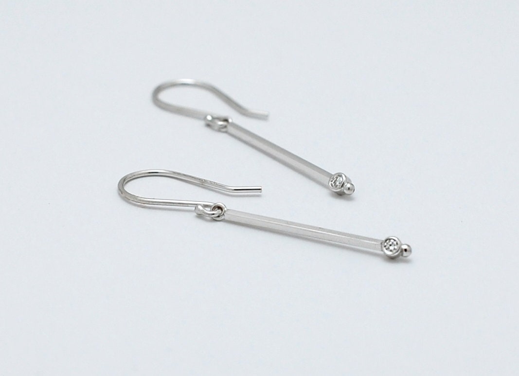 Diamond Bar Dangle Earrings / 14K Rose Gold and Genuine Etsy