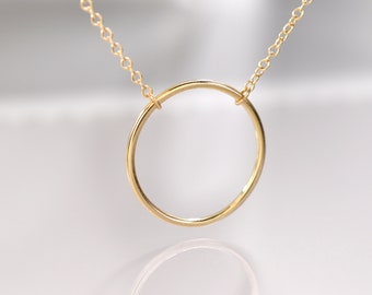 Gold Circle Necklace / Solid 14K Gold Large Circle Pendant