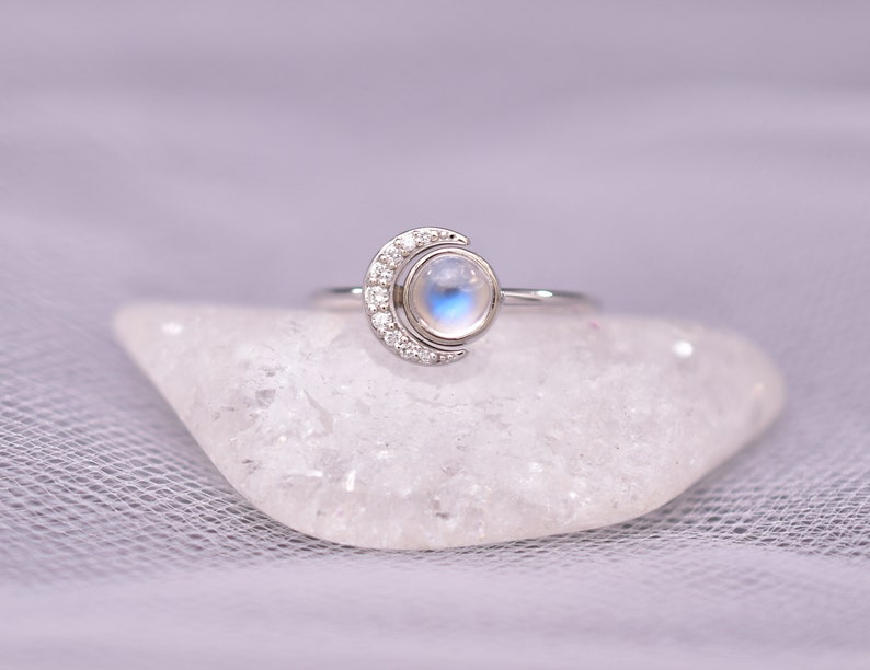 Moonstone Diamond Moon and Stars Ring / Solid 14K White Gold - Etsy