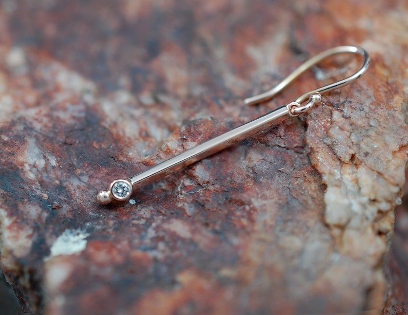 Diamond Bar Dangle Earrings / 14K Rose Gold and Genuine Etsy