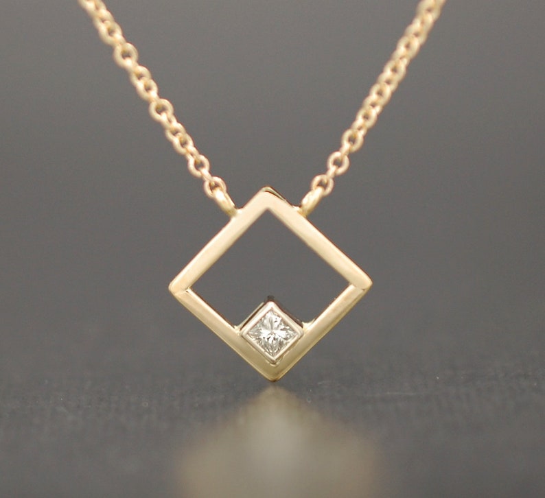 Square Diamond Solitaire Necklace / Solid 14K Gold and Genuine Etsy UK
