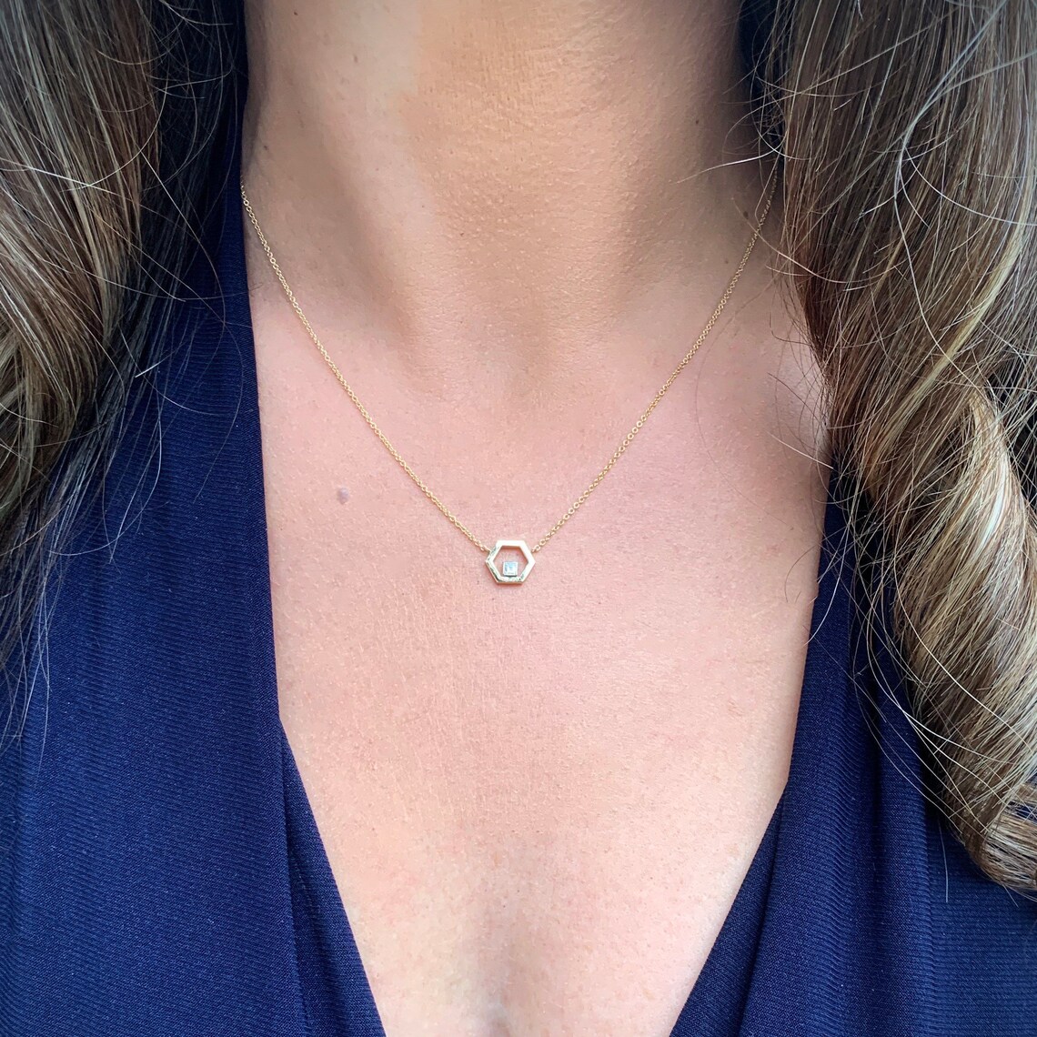 Diamond Hexagon Necklace / 14K Yellow Gold Hexagon Shaped Etsy
