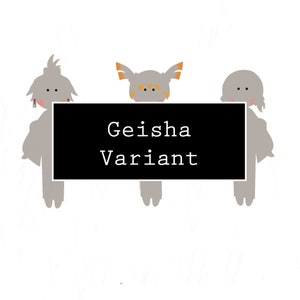 Puede incluir: Tres figuras de dibujos animados, dos con cabello naranja y una con cabello marrón, se paran frente a un letrero negro que dice "Geisha Variant".