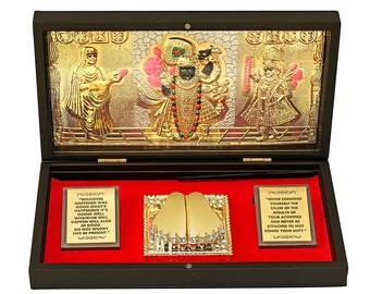 GoldGiftIdeas 24K Gold Plated Shreenathji Photo Frame with Charan Paduka, Baby Shower Return Gift, Krishna Wooden Momento Gift,Krishna Frame