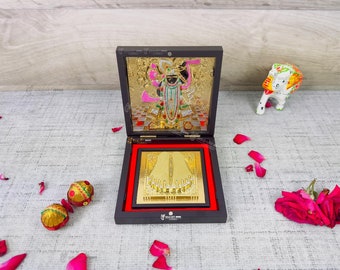 GoldGiftIdeas 24K Gold Plated Shrinathji Photo Frame with Charan Paduka, Baby Shower Return Gift, Krishna Wooden Momento Gift, Krishna Frame