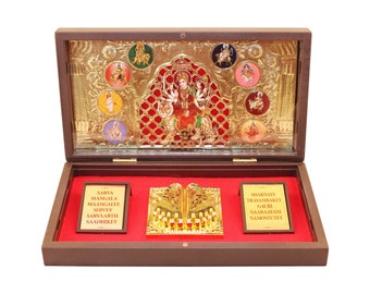 GoldGiftIdeas Cadre photo NavaDurga Maa en plaqué or 24 carats avec charan paduka, cadeau de retour indien pour pendaison de crémaillère, cadeau instant Idole Durga Maa