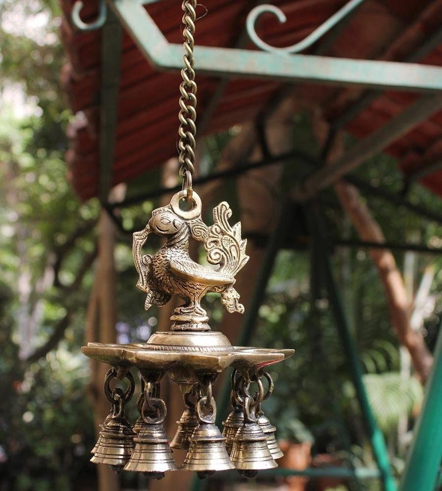 Goldgiftideas Brass Hanging Peacock Diya With Bells Oil Lamp for