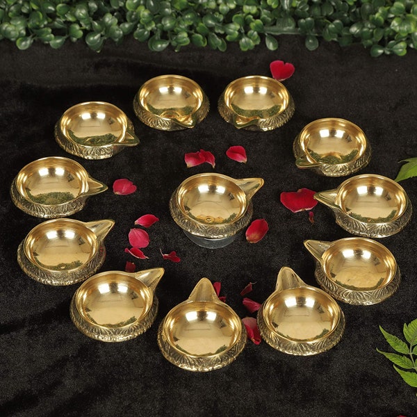 GoldGiftIdeas Brass Handmade Engraved Design Oil Diya for Home Temple, Brass Kuber Diya for Pooja, Housewarming Return Gifts, Brass Oil Lamp