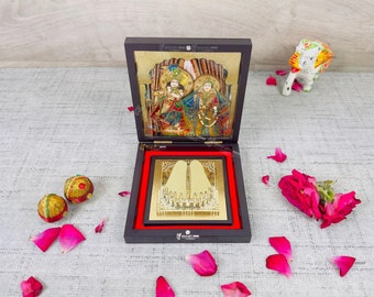 GoldGiftIdeas 24K Gold Plated Square Radhe Krishna Photo Frame with Charan Paduka, Bansari Krishna Frame for Return Gift,Religious Gift Item