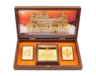 GoldGiftIdeas 24K Gold Plated WaheGuruji Photo Frame with Golden Temple(Khanda Craving), Housewarming Return Gift, Guru Nanak Photo for Gift