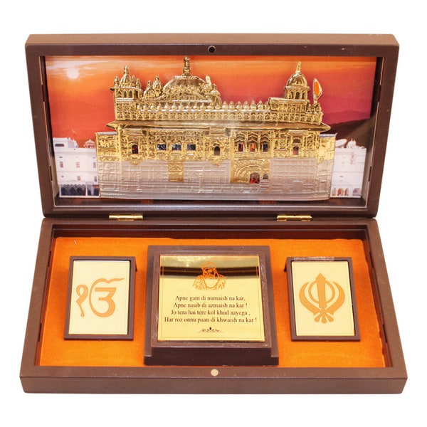 GoldGiftIdeas 24K Gold Plated WaheGuruji Photo Frame with Golden Temple(Khanda Craving), Housewarming Return Gift, Guru Nanak Photo for Gift