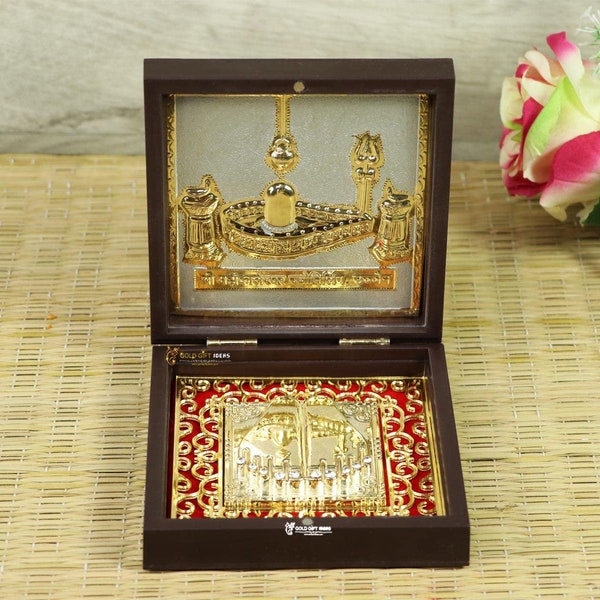 GoldGiftIdeas 24K Gold Plated Ujjain's Shri Mahakaleshwar Jyotirling Photo Frame with Charan Paduka, Shiv Shankar Photo Frame, Return Gifts