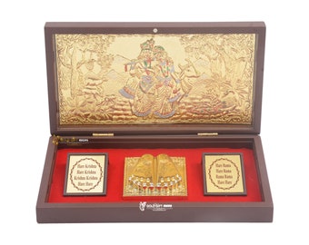 GoldGiftIdeas 24K Gold Plated Radha Krishna Photo Frame with Charan Paduka for Home, Return Gift for Anniversary, Wooden Momento Return Gift