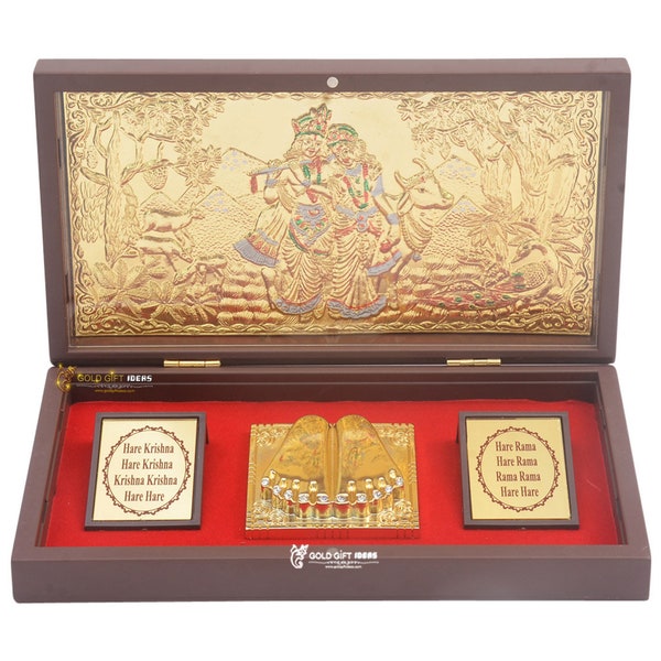 GoldGiftIdeas 24K Gold Plated Radha Krishna Photo Frame with Charan Paduka for Home, Return Gift for Anniversary, Wooden Momento Return Gift