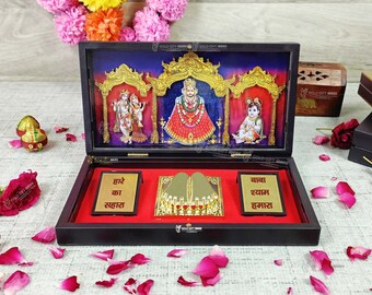 GoldGiftIdeas Gold Plated Khatu Shyam Baba Photo Frame with Charan Paduka, Krishna Idol for Pooja, Return Gifts for Festival, Religious Gift