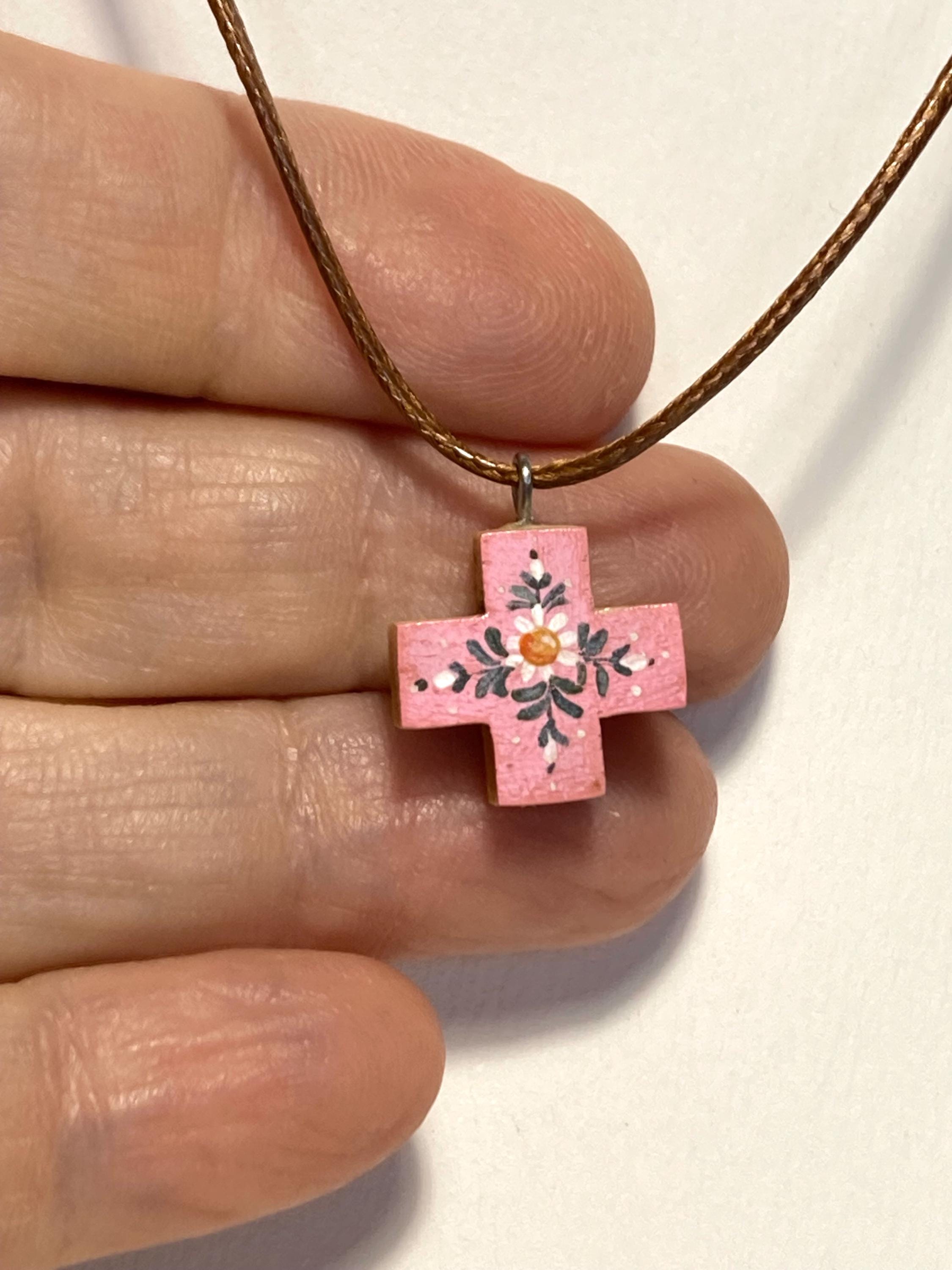 Hand-painted Wooden Cross With Flowers and Cord and Metal Clasp. 15 Mm ...