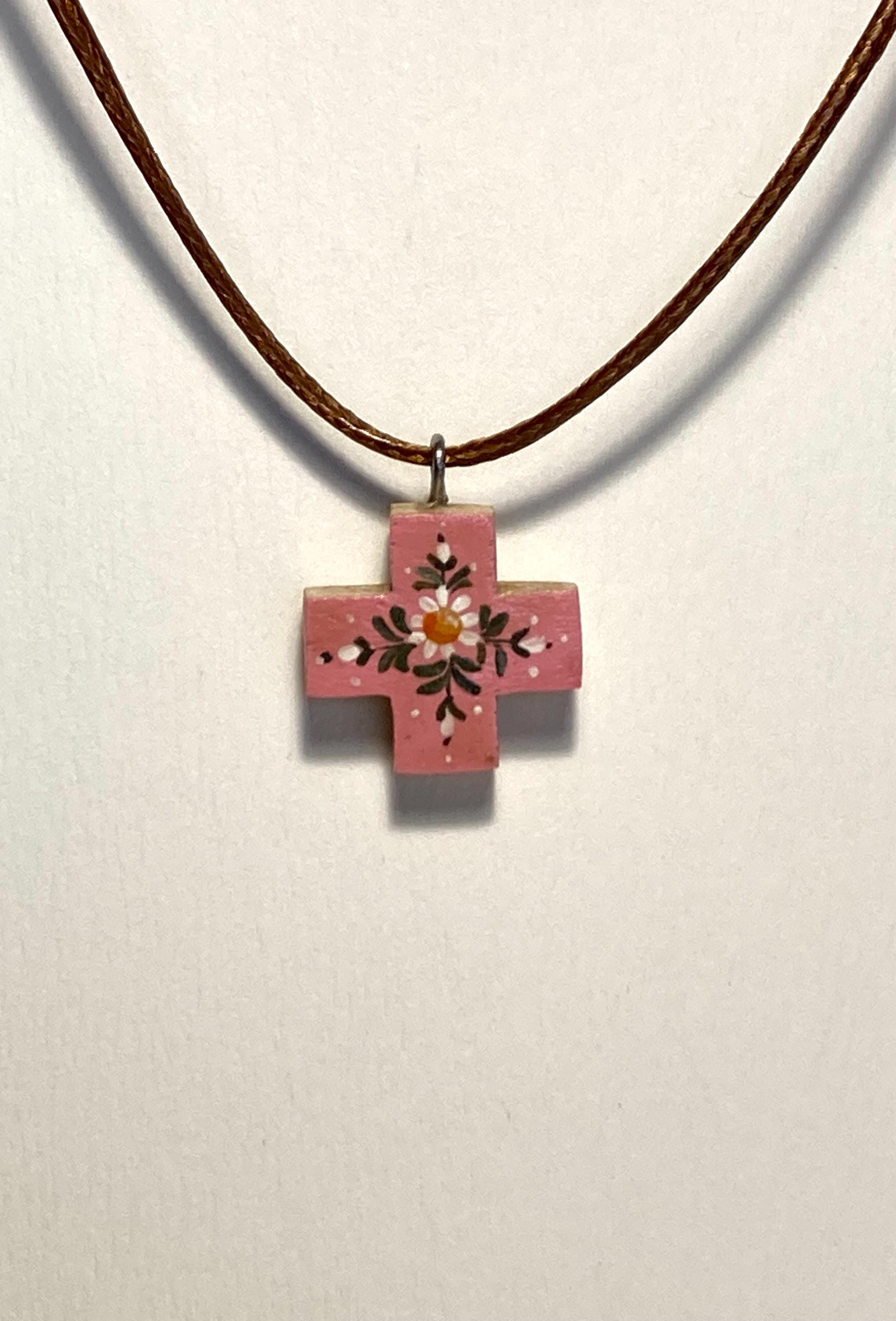 Hand-painted Wooden Cross With Flowers and Cord and Metal Clasp. 15 Mm ...