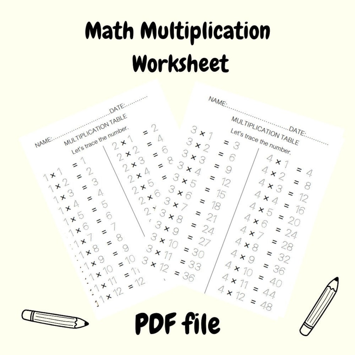 Math Multiplication Tracing, Number Practice Sheet, Printable