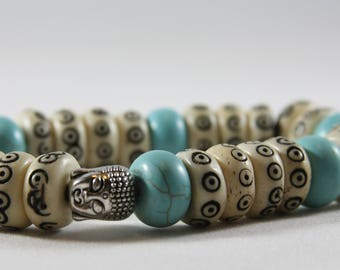 A beautiful Buddha, Turquoise,engraved design bracelet, December birthstone. Perfect for Mother’s Day gift