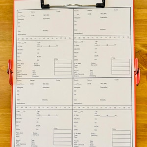 May include: A red clipboard with a metal clip holding four white medical forms. Each form has sections for patient details, vital signs, and medication information. The forms are designed for clinical use.