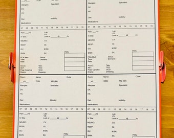 May include: A red clipboard with a metal clip holding four white medical forms. Each form has sections for patient information, vital signs, and medication details. The forms are designed for clinical use.