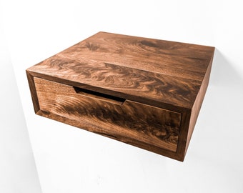 Modern Floating Nightstand in Solid Black Walnut with Soft Close Drawer Slides / Figured Black Walnut Drawer Faces