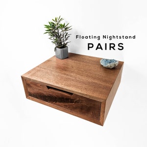 Pair of Modern Floating Nightstand in Solid Black Walnut with Soft Close Drawer Slides / Figured Black Walnut Drawer Faces