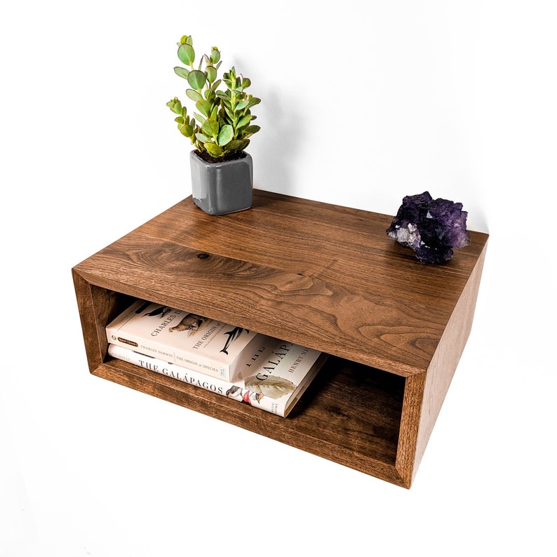 May include: A floating, rectangular wooden shelf with a dark brown finish. The shelf holds two books, a small potted plant, and a purple crystal. The shelf is designed for wall mounting and has a modern aesthetic.