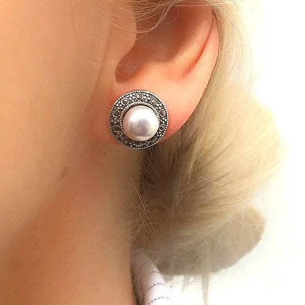Natural Pearl and Marcasite Large Silver Stud Earrings