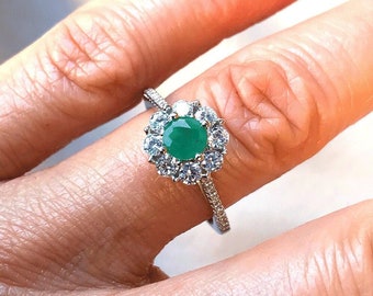 Genuine Natural Emerald & Topaz 3D Flower Silver Ring