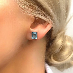 Genuine Sky Blue Topaz Square Cut Solitaire Stud Earrings