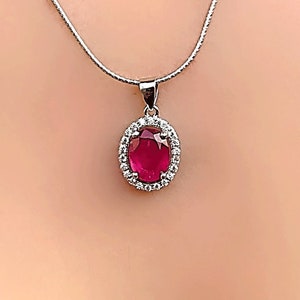 Genuine Ruby Halo Cut Out Oval Silver Pendant Necklace