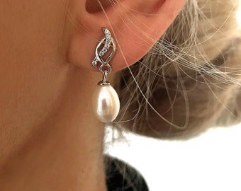 Natural Pearl & Topaz Pear Dangle Drop Silver Earrings